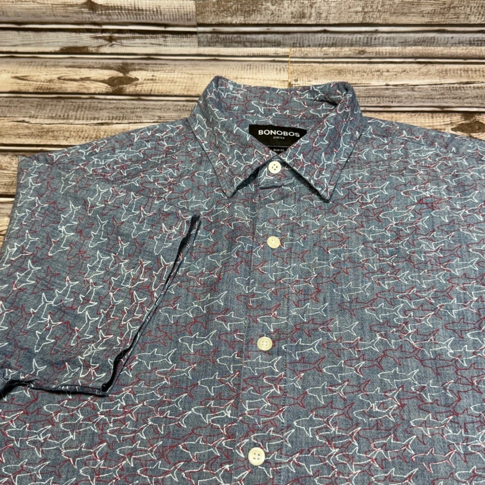 Bonobos Button Down Shirt Mens Medium Blue Shark Print Slim Fit  Short Sleeve